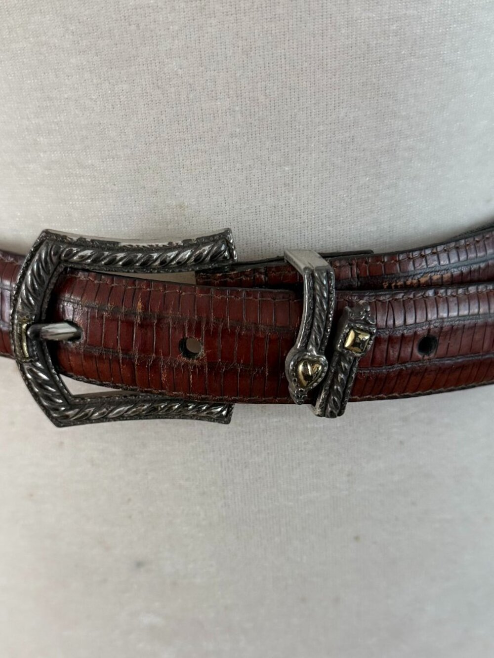 Vintage Brighton Brown Lizard Embossed Leather Western Belt Silver Gold Heart XL